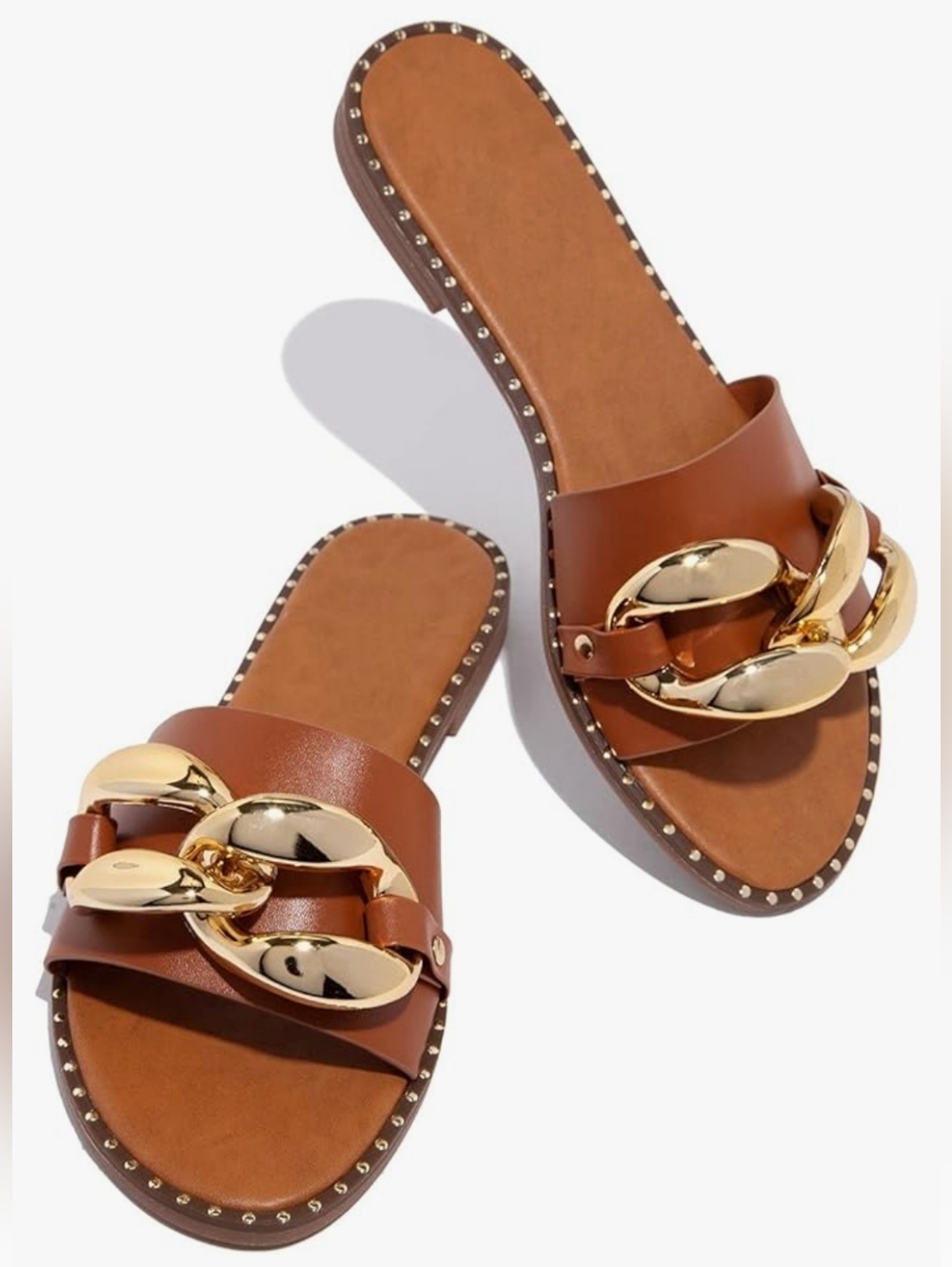 Cognac Brown Chain-Accent Women's Slide Sandals, Sz 41/9 Or 9.5 WIDE
